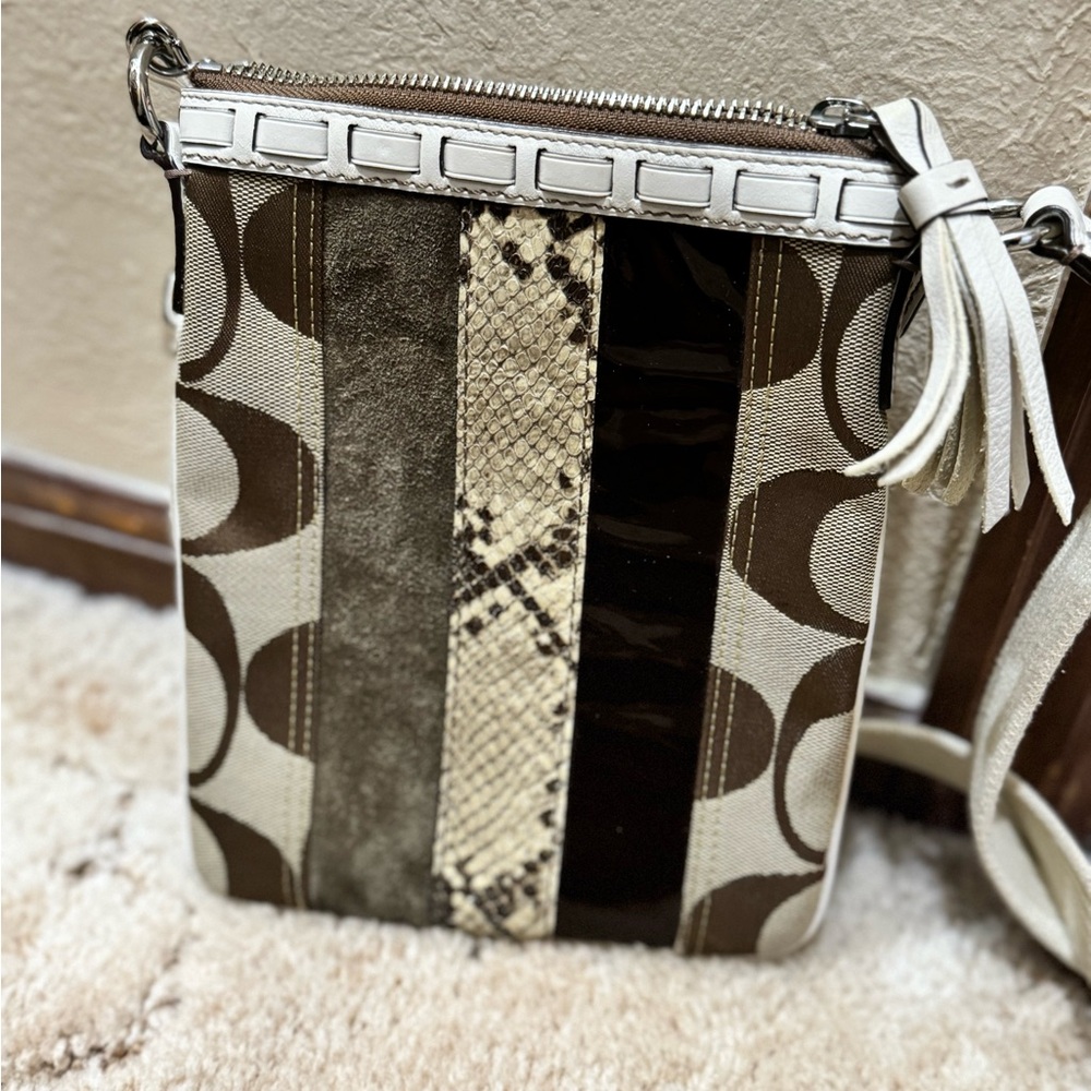 Coach Brown and Cream Crossbody Bag with Reptile Print